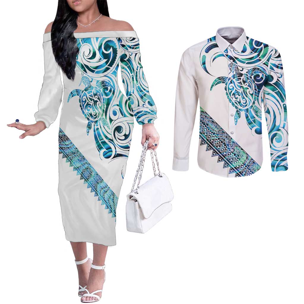 Kahui Whetu Paua shell Kowhaiwhai Taniko Personalised Couples Matching Off The Shoulder Long Sleeve Dress and Long Sleeve Button Shirt Turtle Tattoo Maori Tribal Style