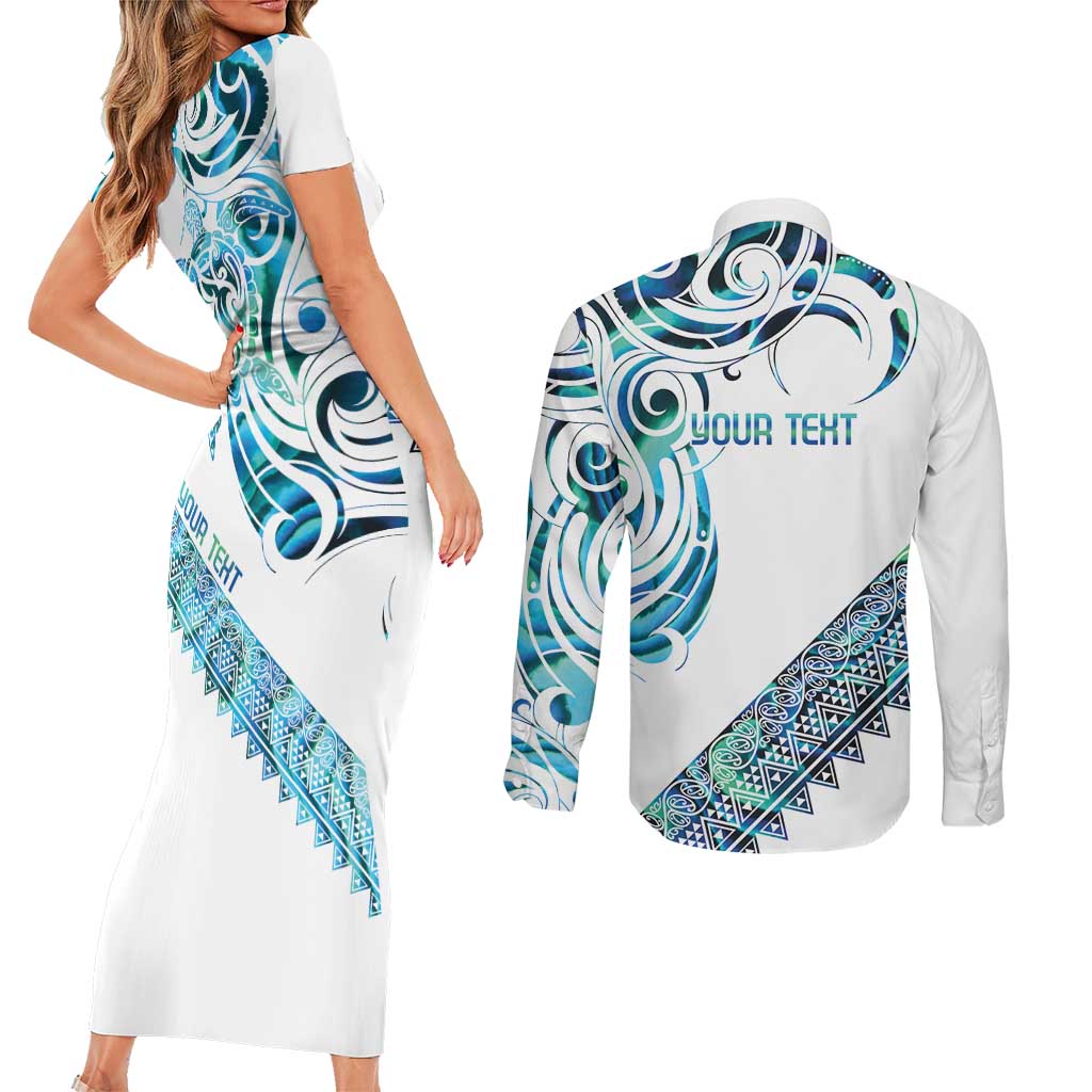 Kahui Whetu Paua shell Kowhaiwhai Taniko Personalised Couples Matching Short Sleeve Bodycon Dress and Long Sleeve Button Shirt Turtle Tattoo Maori Tribal Style