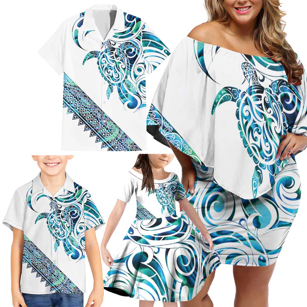 Kahui Whetu Paua shell Kowhaiwhai Taniko Personalised Family Matching Off Shoulder Short Dress and Hawaiian Shirt Turtle Tattoo Maori Tribal Style LT9 - Polynesian Pride