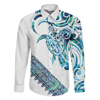 Kahui Whetu Paua shell Kowhaiwhai Taniko Personalised Family Matching Off Shoulder Short Dress and Hawaiian Shirt Turtle Tattoo Maori Tribal Style LT9 Dad's Shirt - Long Sleeve Blue - Polynesian Pride