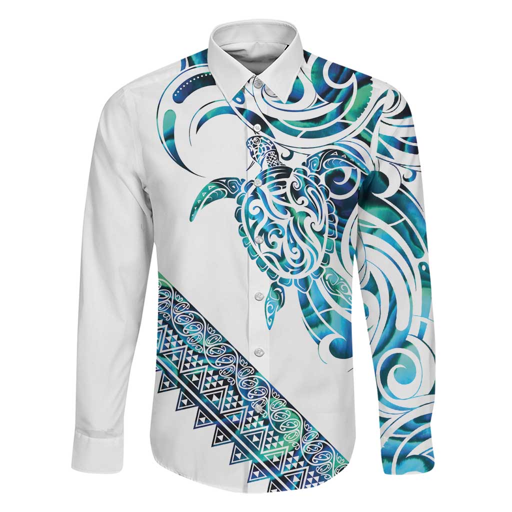 Kahui Whetu Paua shell Kowhaiwhai Taniko Personalised Family Matching Summer Maxi Dress and Hawaiian Shirt Turtle Tattoo Maori Tribal Style LT9 Dad's Shirt - Long Sleeve Blue - Polynesian Pride
