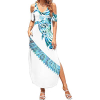 Kahui Whetu Paua shell Kowhaiwhai Taniko Personalised Family Matching Summer Maxi Dress and Hawaiian Shirt Turtle Tattoo Maori Tribal Style LT9 Mom's Dress Blue - Polynesian Pride