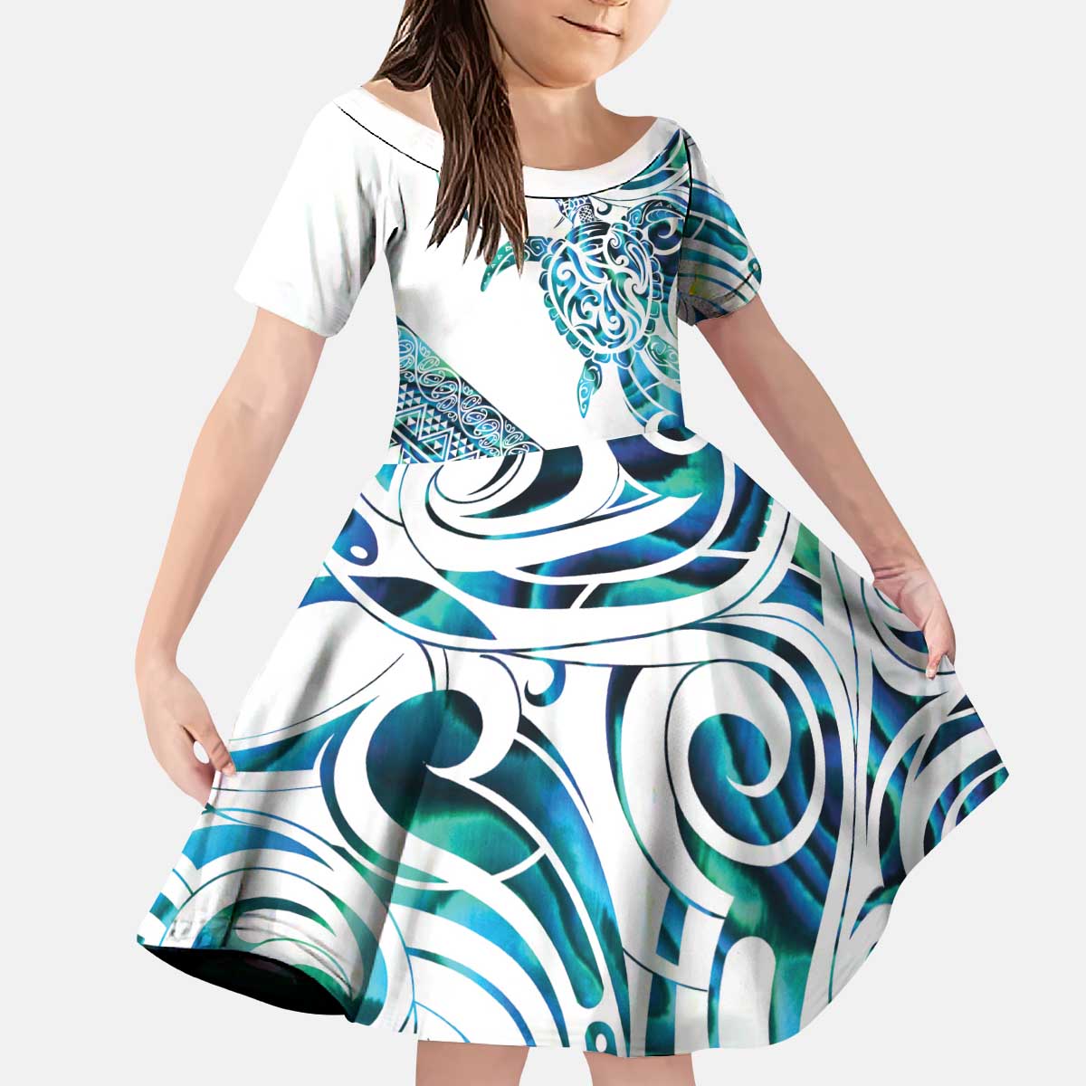 Kahui Whetu Paua shell Kowhaiwhai Taniko Personalised Kid Short Sleeve Dress Turtle Tattoo Maori Tribal Style LT9 KID Blue - Polynesian Pride
