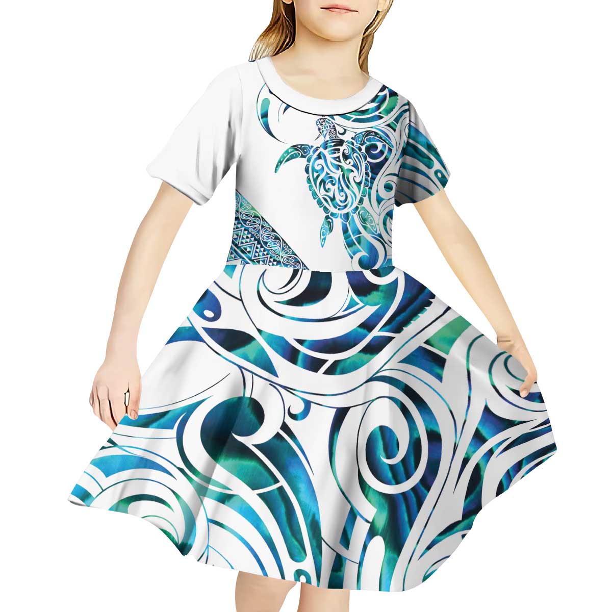 Kahui Whetu Paua shell Kowhaiwhai Taniko Personalised Kid Short Sleeve Dress Turtle Tattoo Maori Tribal Style LT9 - Polynesian Pride