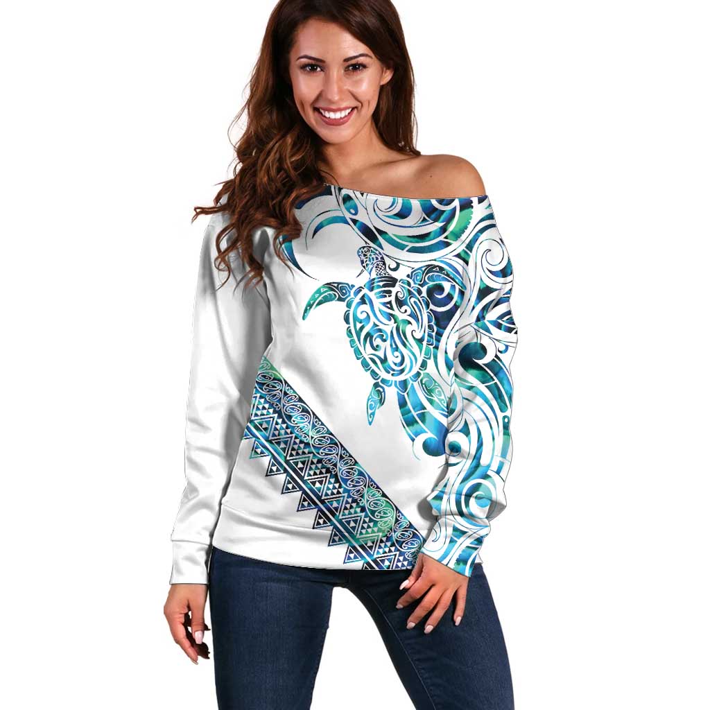 Kahui Whetu Paua shell Kowhaiwhai Taniko Personalised Off Shoulder Sweater Turtle Tattoo Maori Tribal Style