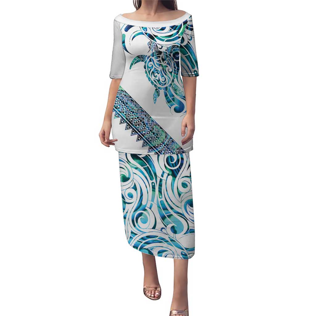 Kahui Whetu Paua shell Kowhaiwhai Taniko Personalised Puletasi Turtle Tattoo Maori Tribal Style LT9 Long Dress Blue - Polynesian Pride