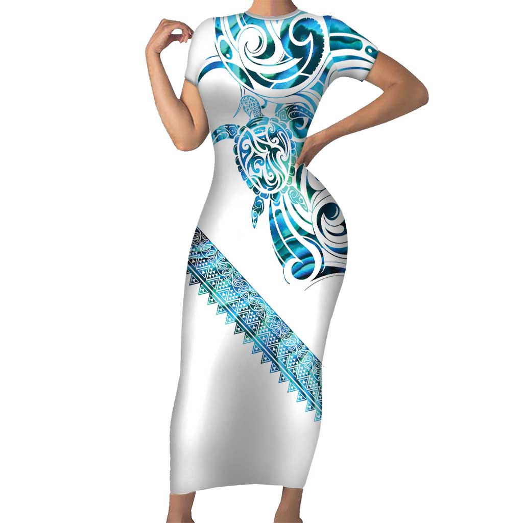 Kahui Whetu Paua shell Kowhaiwhai Taniko Personalised Short Sleeve Bodycon Dress Turtle Tattoo Maori Tribal Style LT9 Long Dress Blue - Polynesian Pride