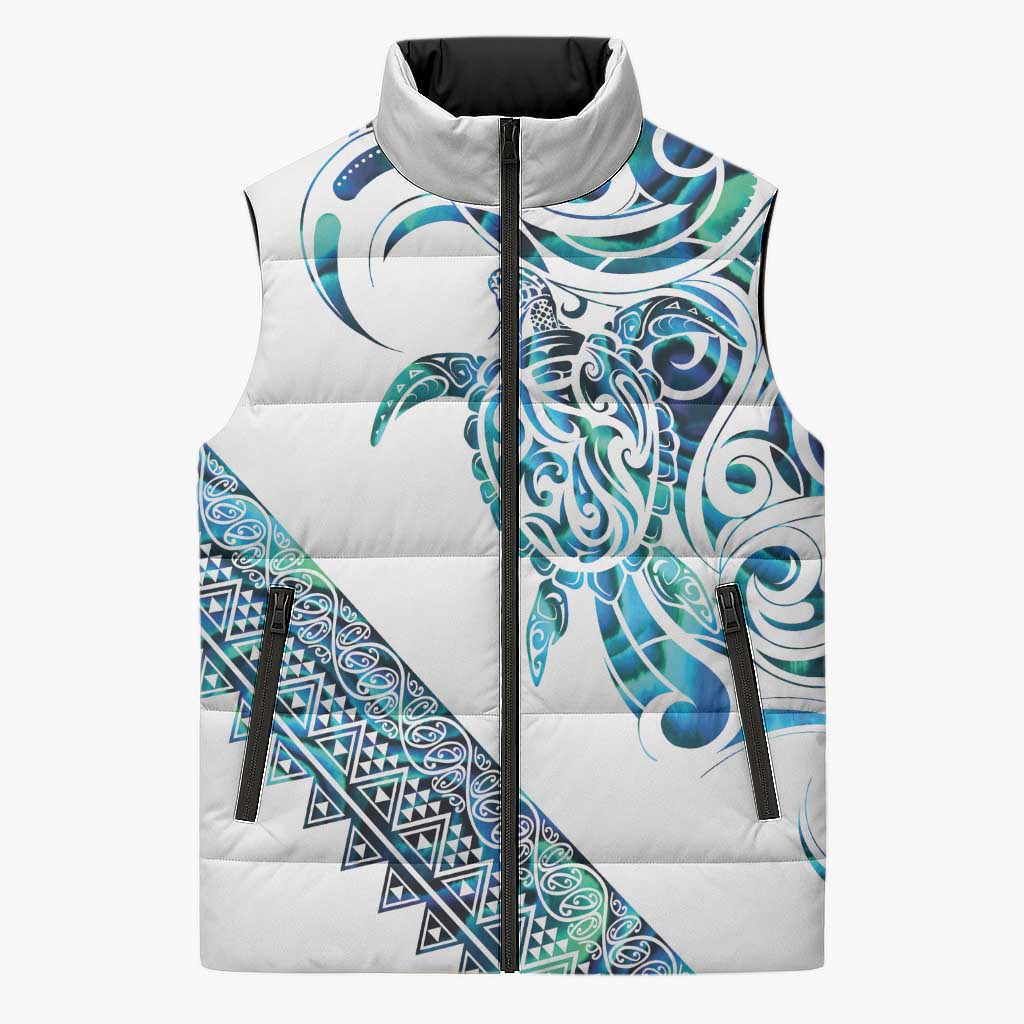 Kahui Whetu Paua shell Kowhaiwhai Taniko Personalised Sleeveless Puffer Jacket Turtle Tattoo Maori Tribal Style LT9 Unisex Blue - Polynesian Pride