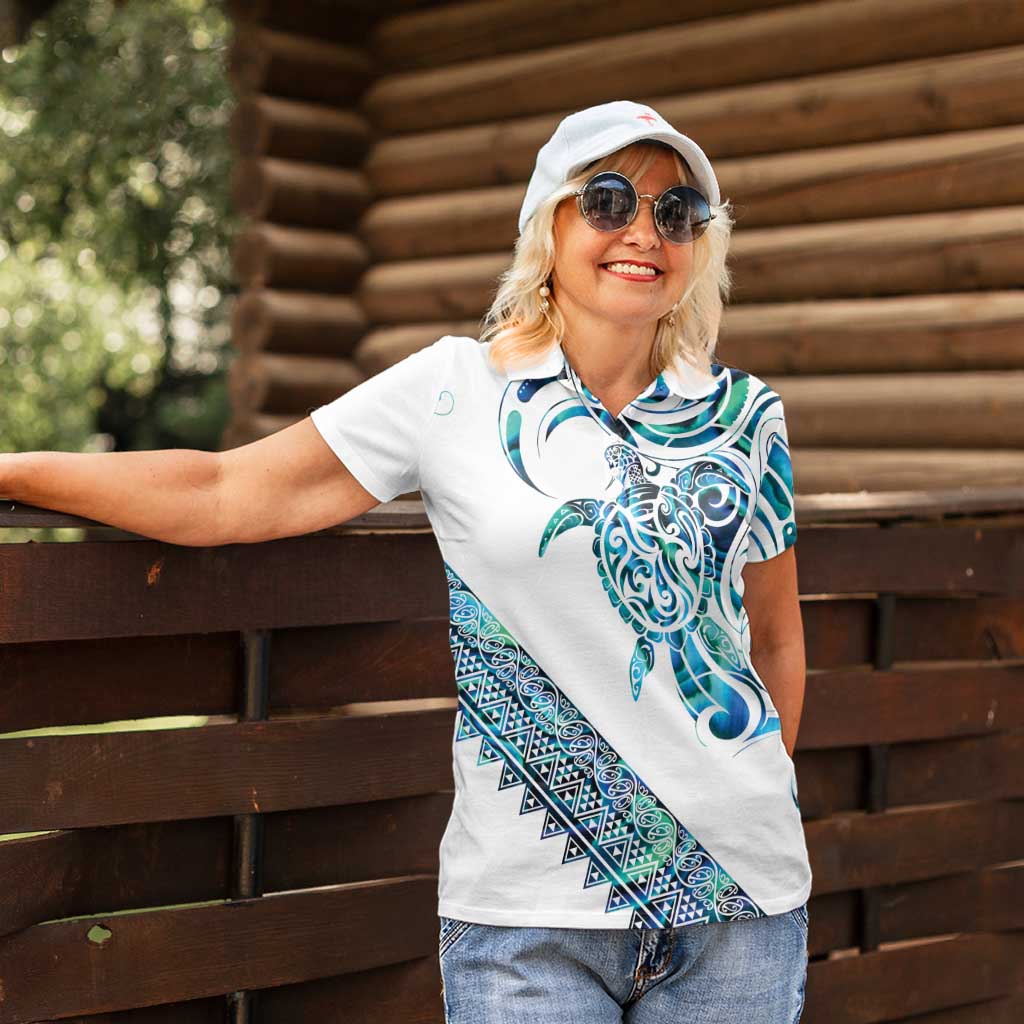 Kahui Whetu Paua shell Kowhaiwhai Taniko Personalised Women Polo Shirt Turtle Tattoo Maori Tribal Style