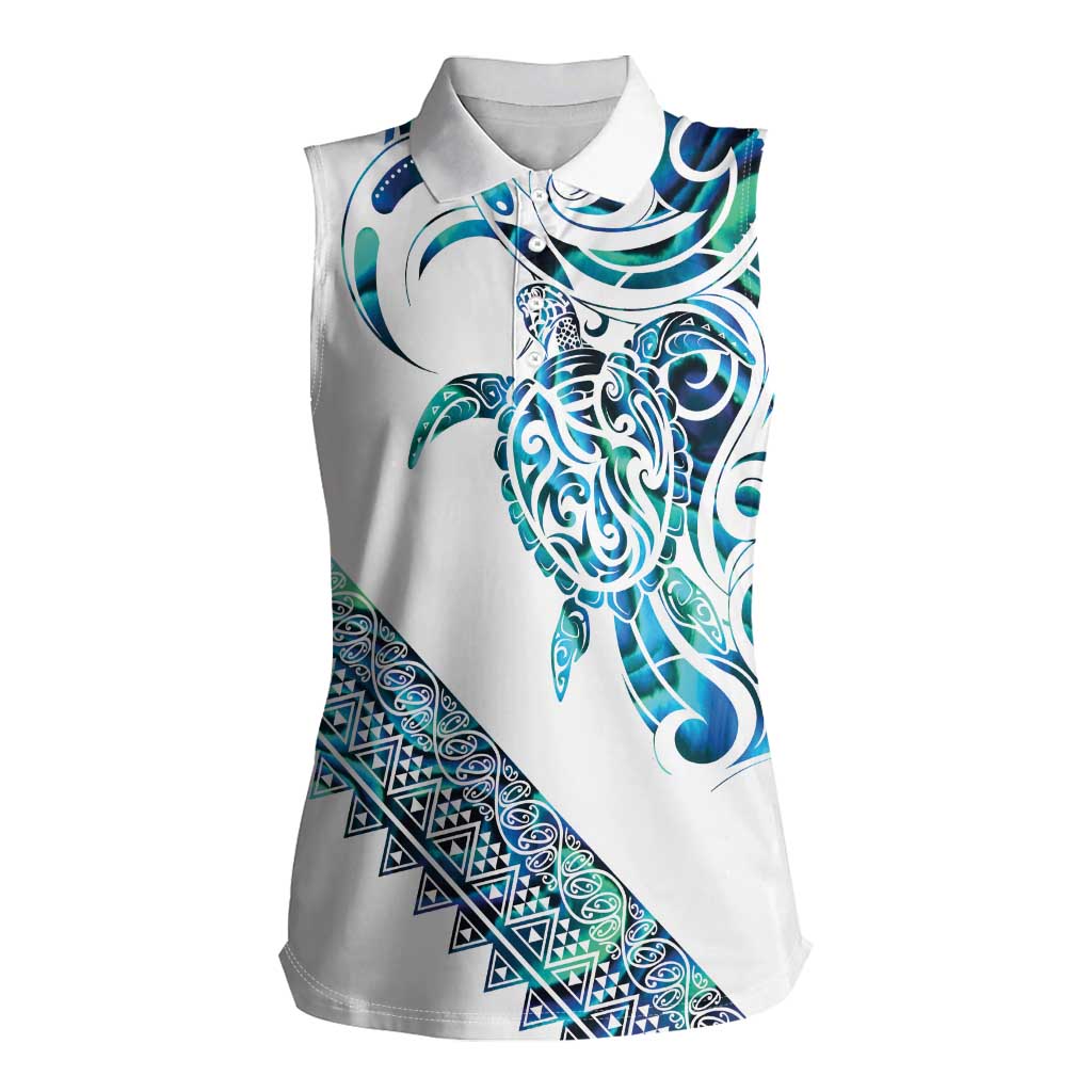 Kahui Whetu Paua shell Kowhaiwhai Taniko Personalised Women Sleeveless Polo Shirt Turtle Tattoo Maori Tribal Style