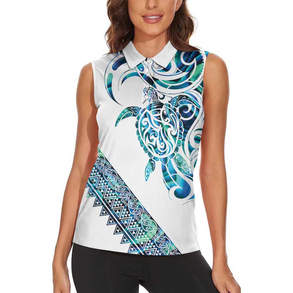 Kahui Whetu Paua shell Kowhaiwhai Taniko Personalised Women Sleeveless Polo Shirt Turtle Tattoo Maori Tribal Style