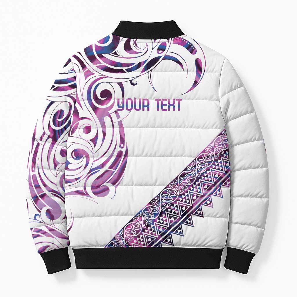 Mawhero Paua shell Kowhaiwhai Taniko Personalised Bomber Puffer Jacket Turtle Tattoo Maori Tribal Style
