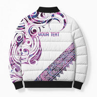 Mawhero Paua shell Kowhaiwhai Taniko Personalised Bomber Puffer Jacket Turtle Tattoo Maori Tribal Style