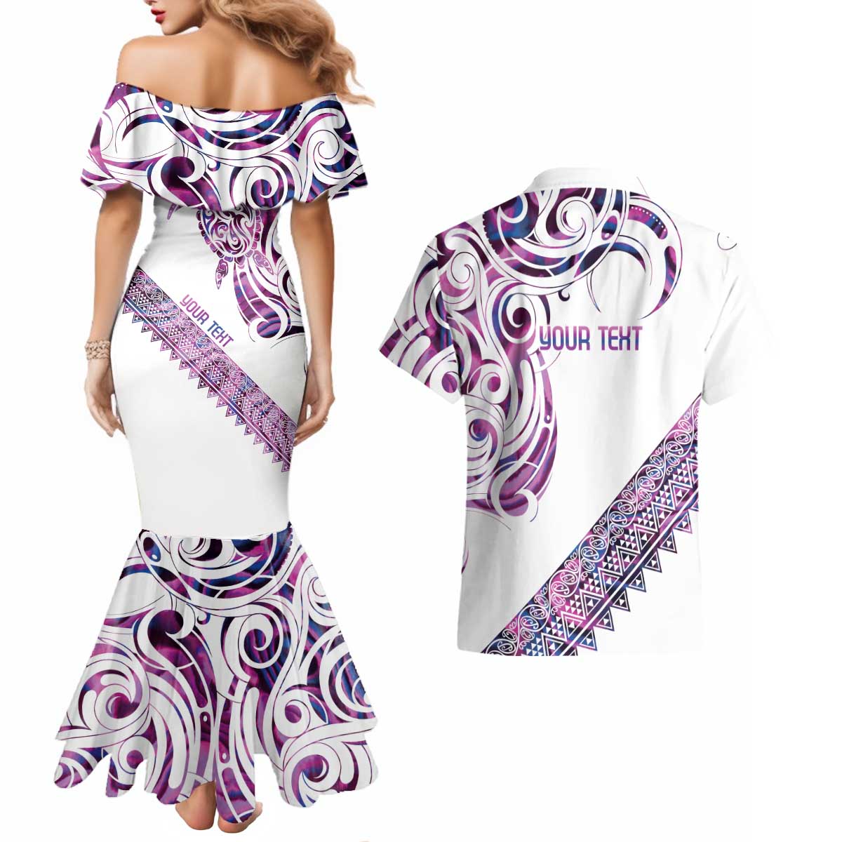 Mawhero Paua shell Kowhaiwhai Taniko Personalised Couples Matching Mermaid Dress and Hawaiian Shirt Turtle Tattoo Maori Tribal Style LT9 - Polynesian Pride