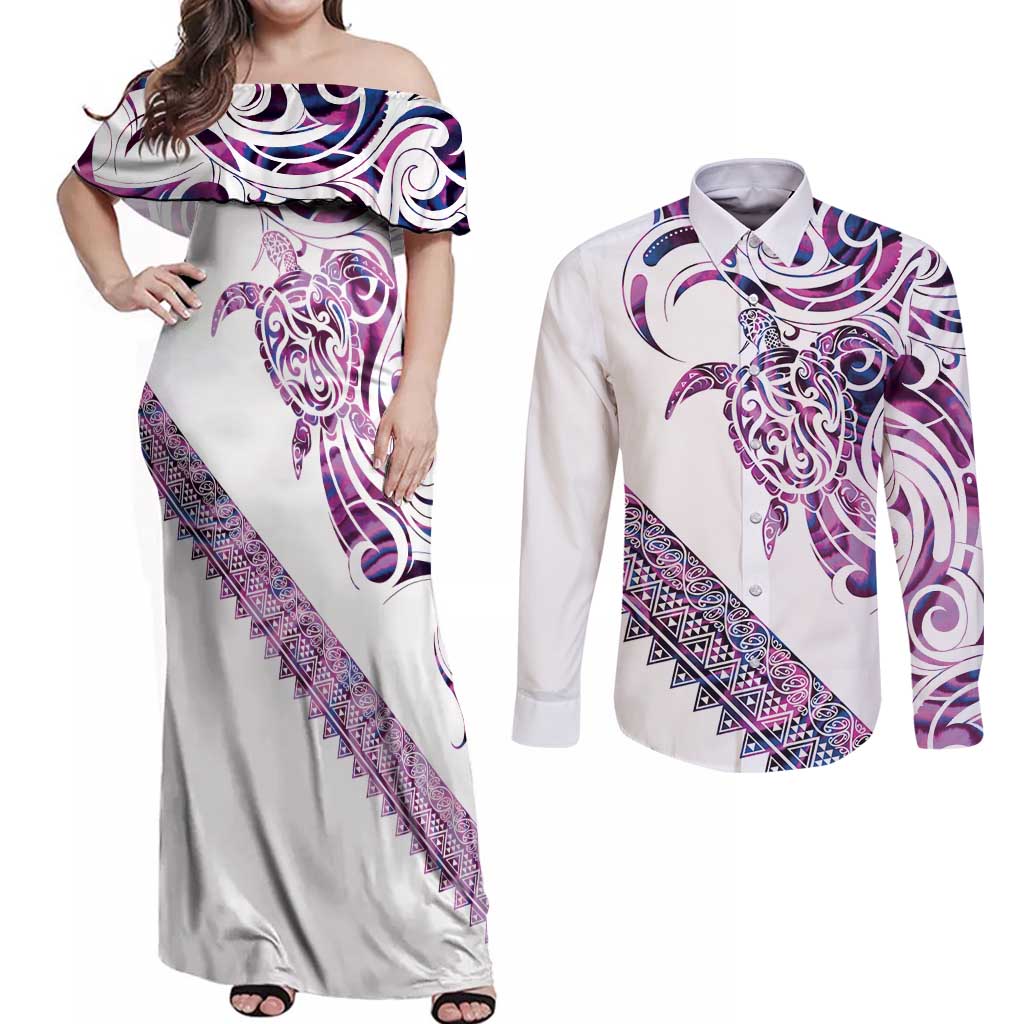 Mawhero Paua shell Kowhaiwhai Taniko Personalised Couples Matching Off Shoulder Maxi Dress and Long Sleeve Button Shirt Turtle Tattoo Maori Tribal Style