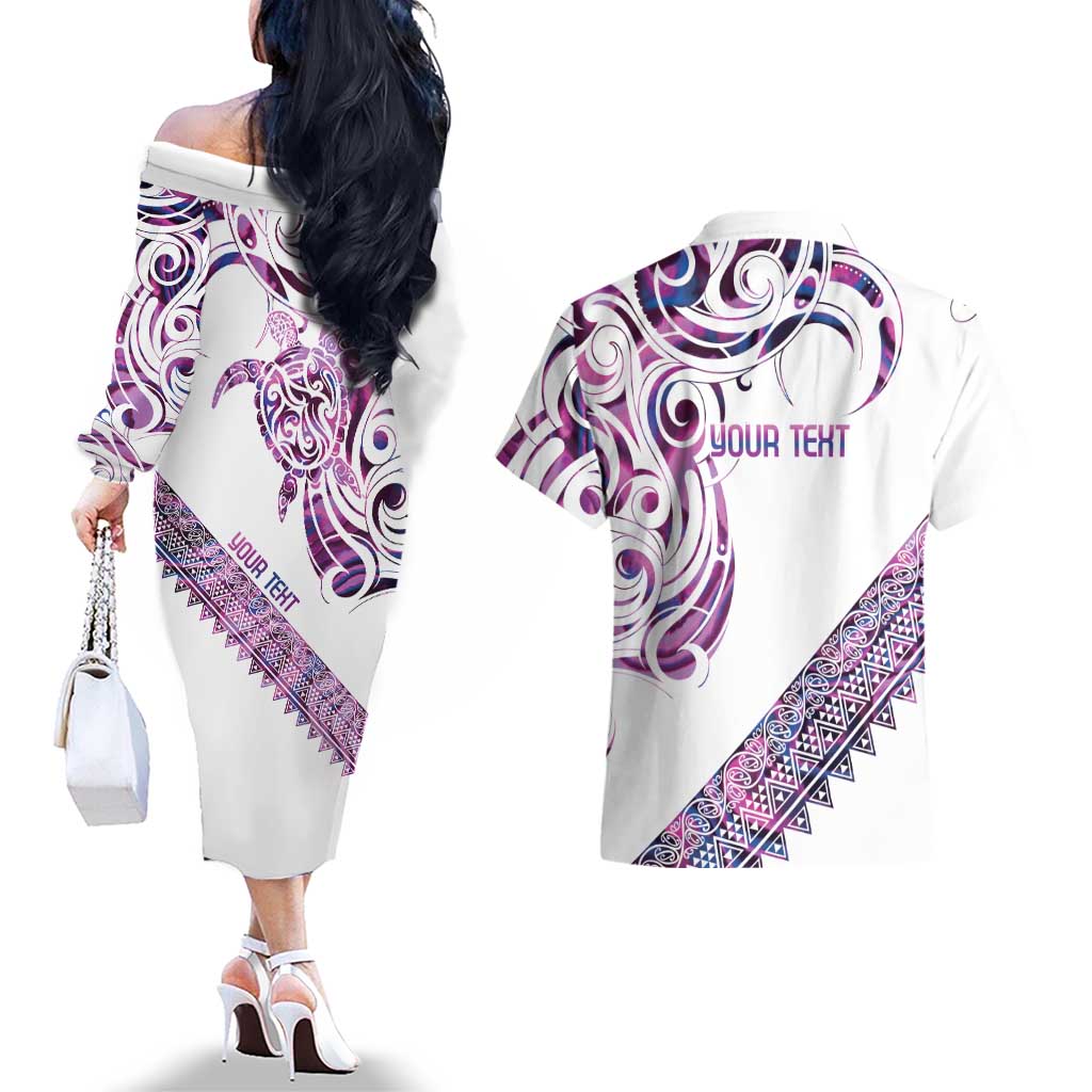 Mawhero Paua shell Kowhaiwhai Taniko Personalised Couples Matching Off The Shoulder Long Sleeve Dress and Hawaiian Shirt Turtle Tattoo Maori Tribal Style LT9 - Polynesian Pride