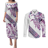 Mawhero Paua shell Kowhaiwhai Taniko Personalised Couples Matching Puletasi and Long Sleeve Button Shirt Turtle Tattoo Maori Tribal Style