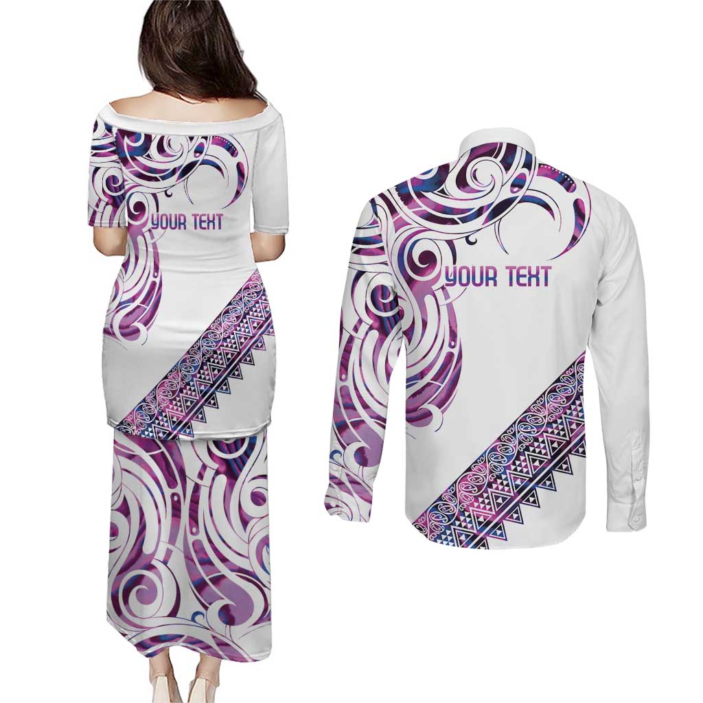 Mawhero Paua shell Kowhaiwhai Taniko Personalised Couples Matching Puletasi and Long Sleeve Button Shirt Turtle Tattoo Maori Tribal Style