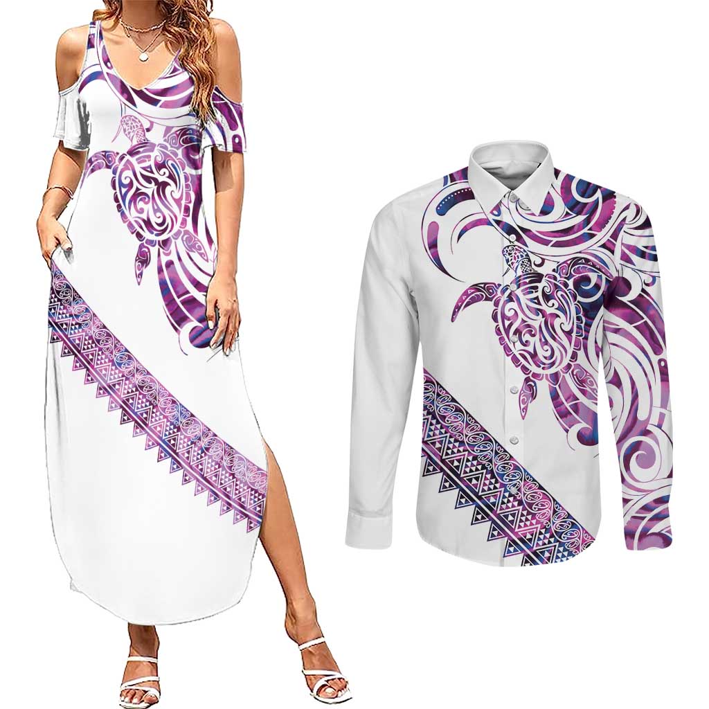Mawhero Paua shell Kowhaiwhai Taniko Personalised Couples Matching Summer Maxi Dress and Long Sleeve Button Shirt Turtle Tattoo Maori Tribal Style