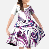 Mawhero Paua shell Kowhaiwhai Taniko Personalised Family Matching Off Shoulder Maxi Dress and Hawaiian Shirt Turtle Tattoo Maori Tribal Style LT9 Daughter's Dress Pink - Polynesian Pride