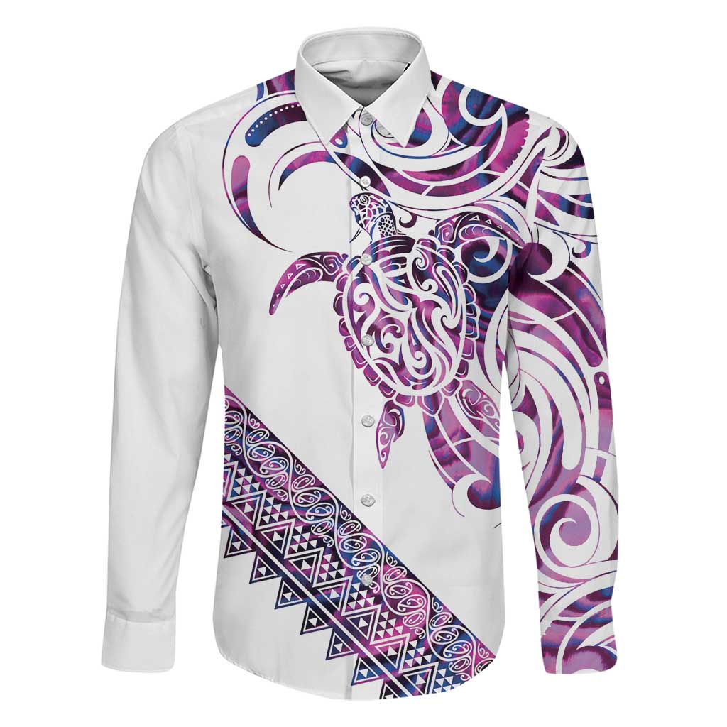 Mawhero Paua shell Kowhaiwhai Taniko Personalised Family Matching Off Shoulder Maxi Dress and Hawaiian Shirt Turtle Tattoo Maori Tribal Style LT9 Dad's Shirt - Long Sleeve Pink - Polynesian Pride