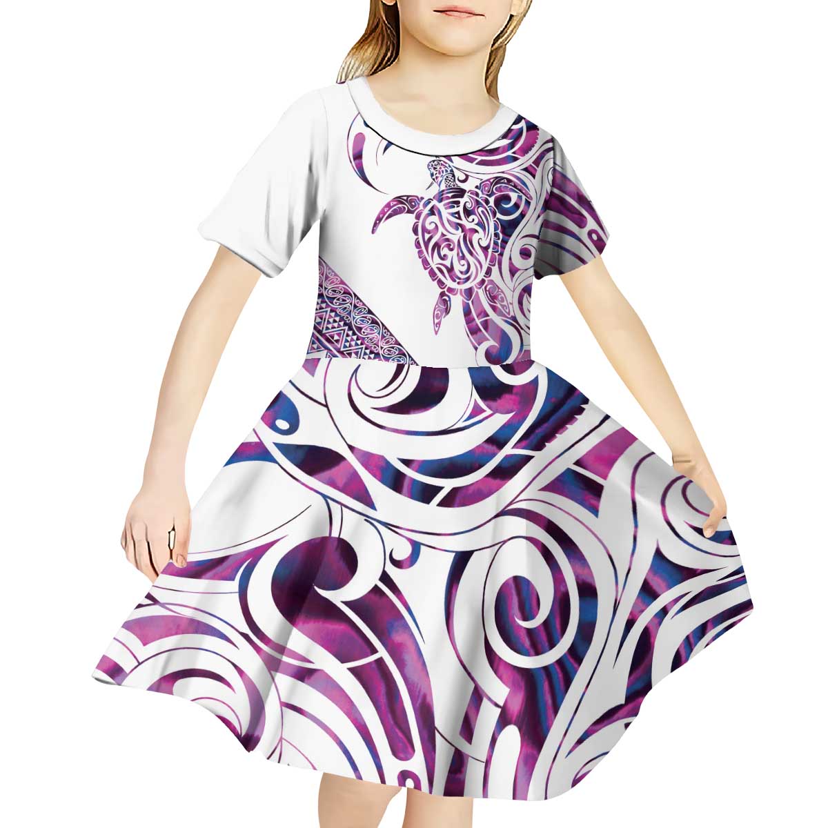 Mawhero Paua shell Kowhaiwhai Taniko Personalised Kid Short Sleeve Dress Turtle Tattoo Maori Tribal Style
