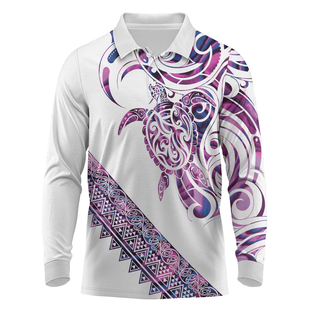 Mawhero Paua shell Kowhaiwhai Taniko Personalised Long Sleeve Polo Shirt Turtle Tattoo Maori Tribal Style