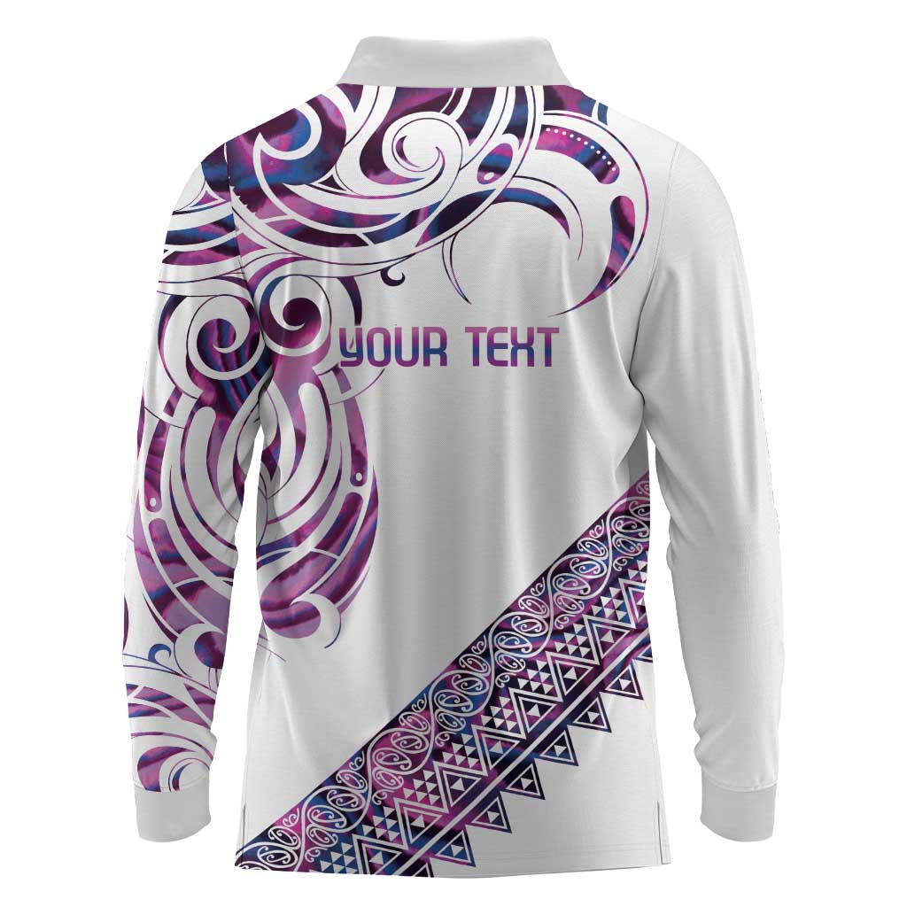 Mawhero Paua shell Kowhaiwhai Taniko Personalised Long Sleeve Polo Shirt Turtle Tattoo Maori Tribal Style