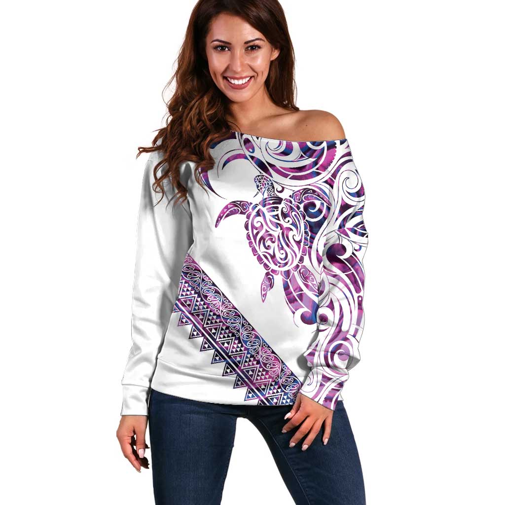 Mawhero Paua shell Kowhaiwhai Taniko Personalised Off Shoulder Sweater Turtle Tattoo Maori Tribal Style