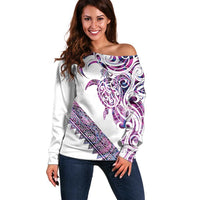 Mawhero Paua shell Kowhaiwhai Taniko Personalised Off Shoulder Sweater Turtle Tattoo Maori Tribal Style LT9 Women Pink - Polynesian Pride