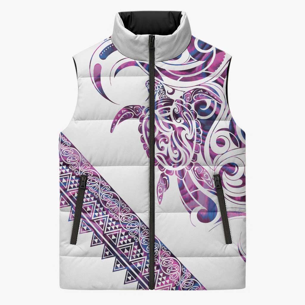 Mawhero Paua shell Kowhaiwhai Taniko Personalised Sleeveless Puffer Jacket Turtle Tattoo Maori Tribal Style