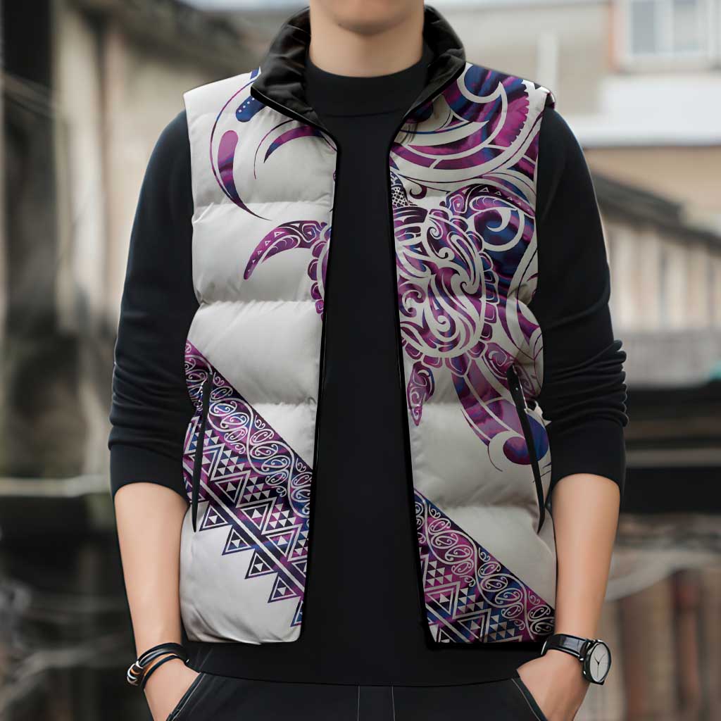 Mawhero Paua shell Kowhaiwhai Taniko Personalised Sleeveless Puffer Jacket Turtle Tattoo Maori Tribal Style