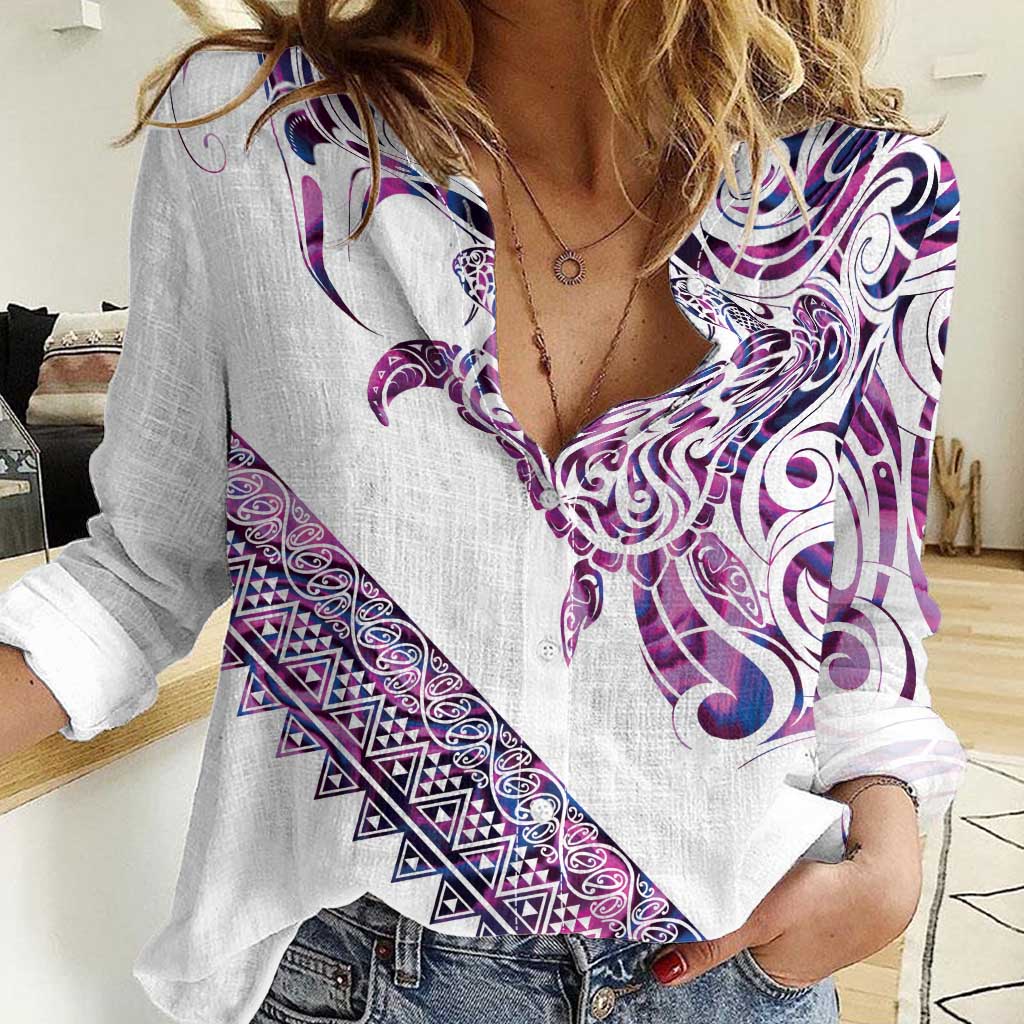 Mawhero Paua shell Kowhaiwhai Taniko Personalised Women Casual Shirt Turtle Tattoo Maori Tribal Style
