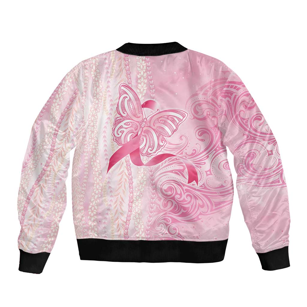 Breast Cancer Awareness Bomber Jacket Maile Pikake Lokelani Crown Flower Lei Inspired