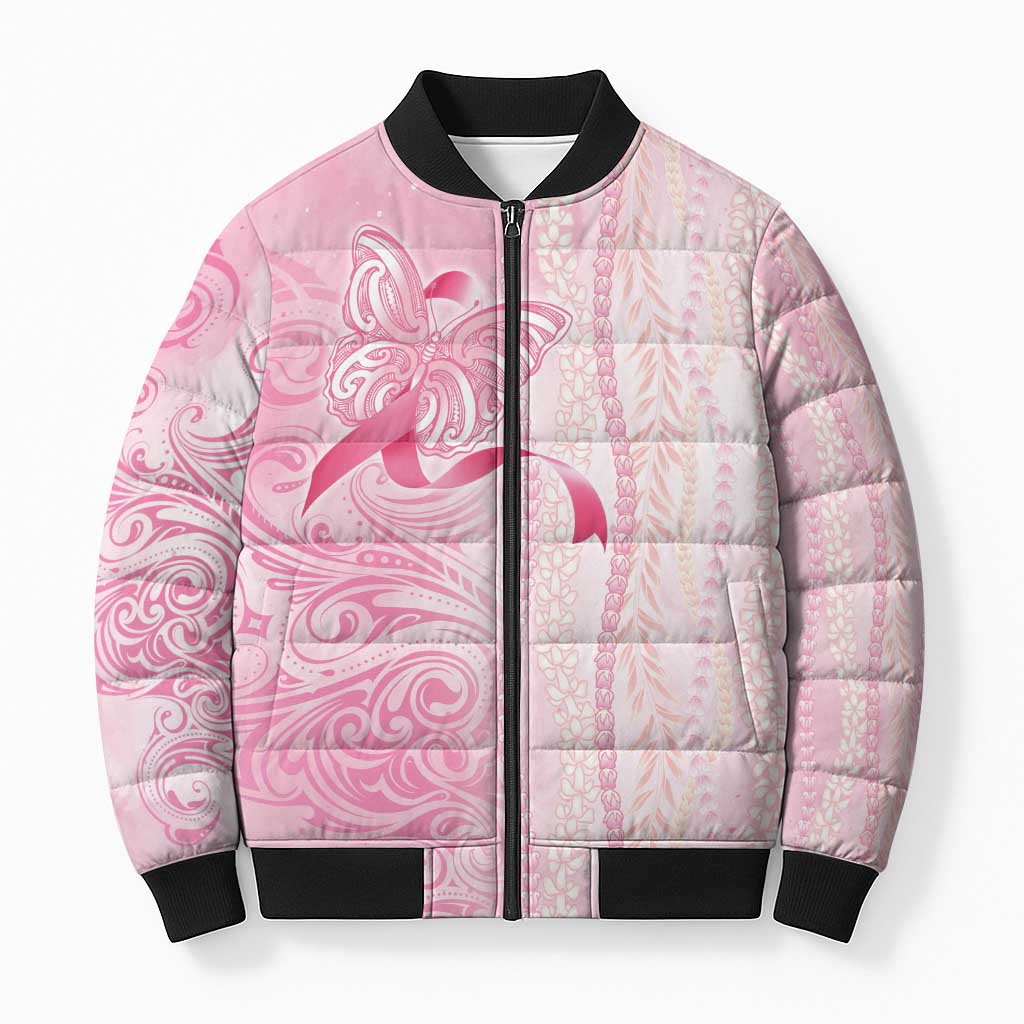 Breast Cancer Awareness Bomber Puffer Jacket Maile Pikake Lokelani Crown Flower Lei Inspired LT9 Unisex Pink - Polynesian Pride