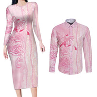 Breast Cancer Awareness Couples Matching Long Sleeve Bodycon Dress and Long Sleeve Button Shirt Maile Pikake Lokelani Crown Flower Lei Inspired