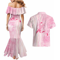 Breast Cancer Awareness Couples Matching Mermaid Dress and Hawaiian Shirt Maile Pikake Lokelani Crown Flower Lei Inspired LT9 - Polynesian Pride