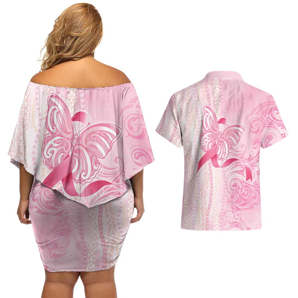 Breast Cancer Awareness Couples Matching Off Shoulder Short Dress and Hawaiian Shirt Maile Pikake Lokelani Crown Flower Lei Inspired