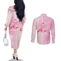 Breast Cancer Awareness Couples Matching Off The Shoulder Long Sleeve Dress and Long Sleeve Button Shirt Maile Pikake Lokelani Crown Flower Lei Inspired