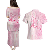 Breast Cancer Awareness Couples Matching Puletasi and Hawaiian Shirt Maile Pikake Lokelani Crown Flower Lei Inspired