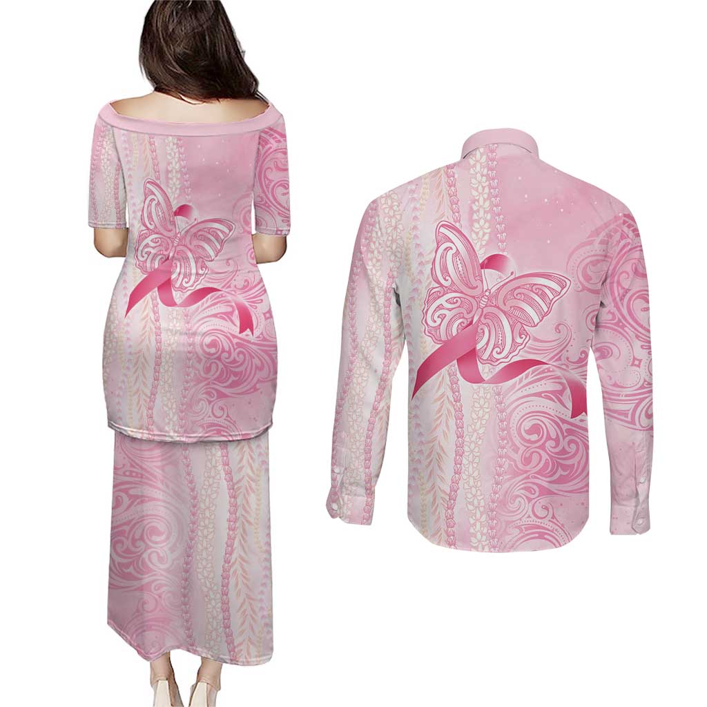 Breast Cancer Awareness Couples Matching Puletasi and Long Sleeve Button Shirt Maile Pikake Lokelani Crown Flower Lei Inspired LT9 - Polynesian Pride
