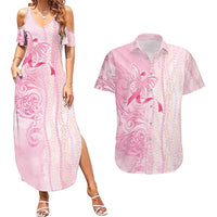 Breast Cancer Awareness Couples Matching Summer Maxi Dress and Hawaiian Shirt Maile Pikake Lokelani Crown Flower Lei Inspired
