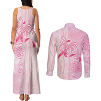 Breast Cancer Awareness Couples Matching Tank Maxi Dress and Long Sleeve Button Shirt Maile Pikake Lokelani Crown Flower Lei Inspired