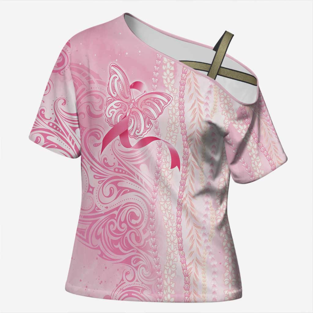 Breast Cancer Awareness Cross Shoulder Shirt Maile Pikake Lokelani Crown Flower Lei Inspired