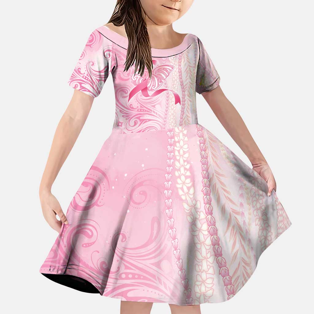 Breast Cancer Awareness Family Matching Long Sleeve Bodycon Dress and Hawaiian Shirt Maile Pikake Lokelani Crown Flower Lei Inspired LT9 Daughter's Dress Pink - Polynesian Pride