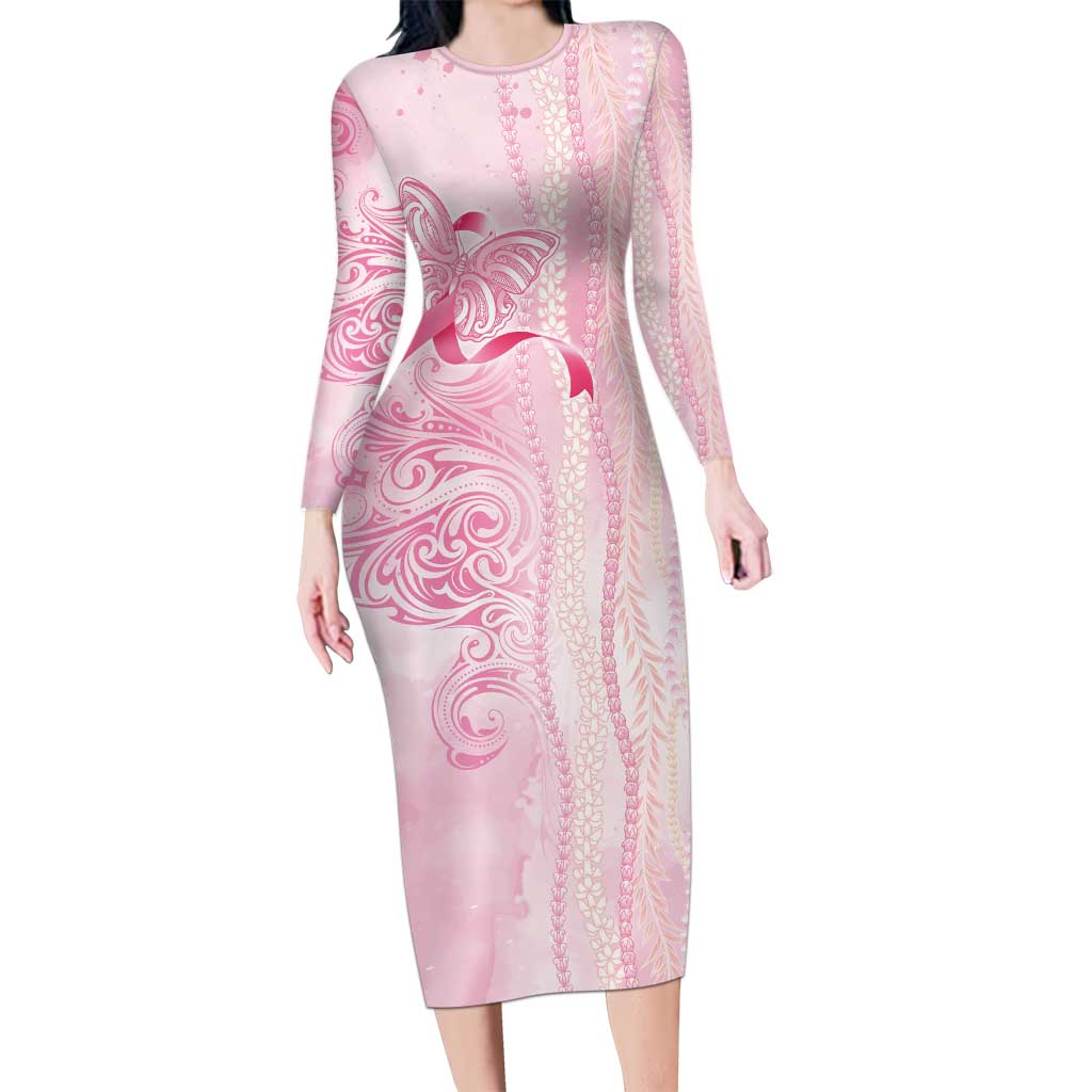 Breast Cancer Awareness Family Matching Long Sleeve Bodycon Dress and Hawaiian Shirt Maile Pikake Lokelani Crown Flower Lei Inspired LT9 Mom's Dress Pink - Polynesian Pride