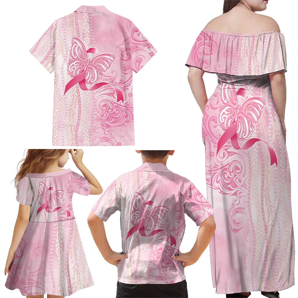 Breast Cancer Awareness Family Matching Off Shoulder Maxi Dress and Hawaiian Shirt Maile Pikake Lokelani Crown Flower Lei Inspired LT9 - Polynesian Pride