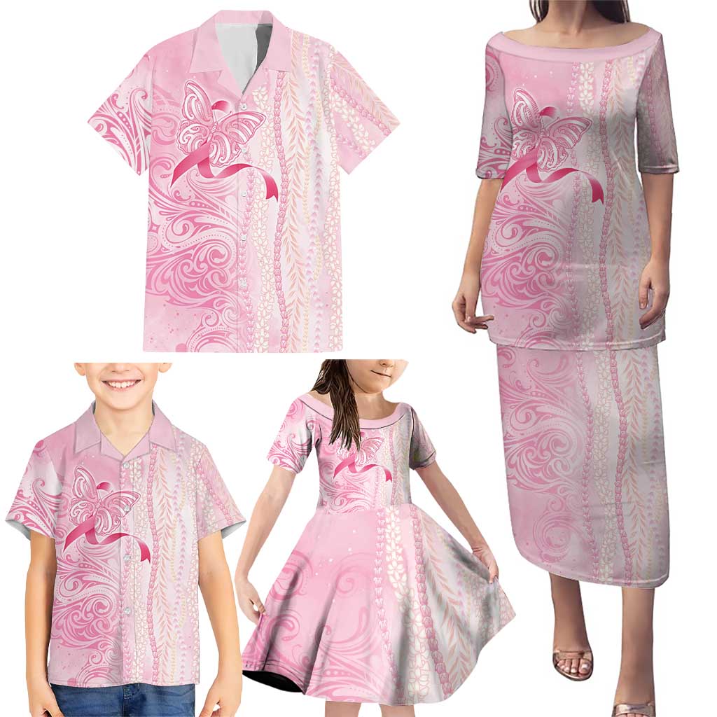 Breast Cancer Awareness Family Matching Puletasi and Hawaiian Shirt Maile Pikake Lokelani Crown Flower Lei Inspired