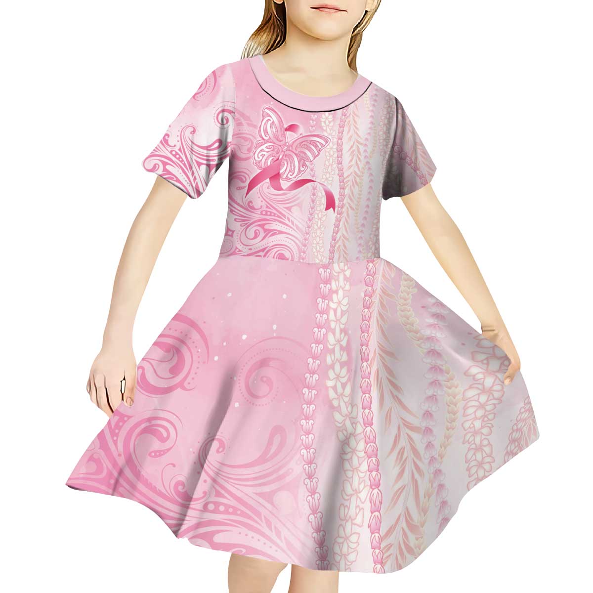 Breast Cancer Awareness Kid Short Sleeve Dress Maile Pikake Lokelani Crown Flower Lei Inspired LT9 - Polynesian Pride