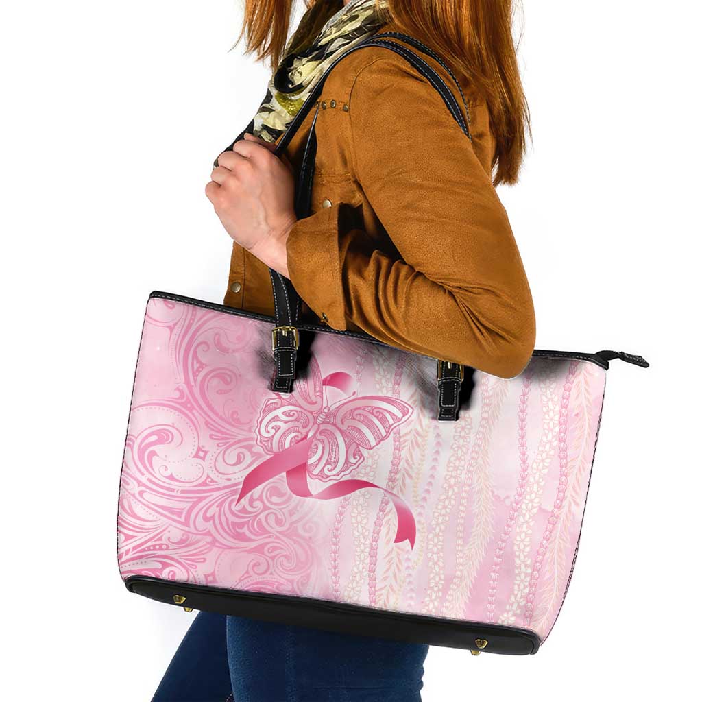 Breast Cancer Awareness Leather Tote Bag Maile Pikake Lokelani Crown Flower Lei Inspired LT9 Pink - Polynesian Pride